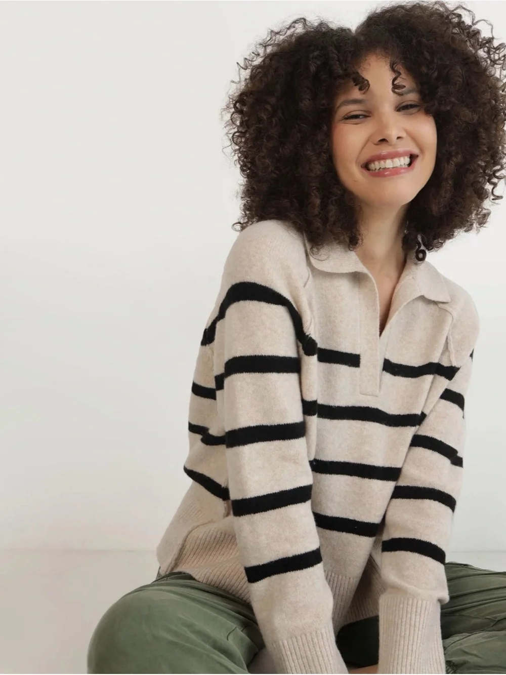Cozy Cream and Black Striped Polo Sweater - Women's